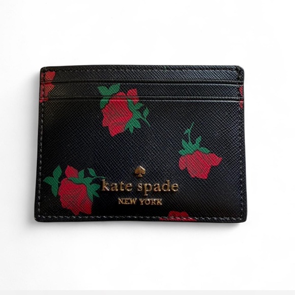 Kate Spade Black Card Holder with Red Floral Design - Picture 1 of 2